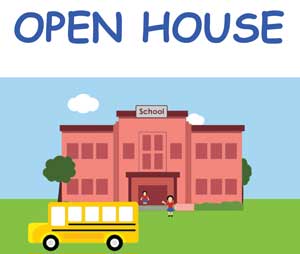 Open house with a bus in front of a school